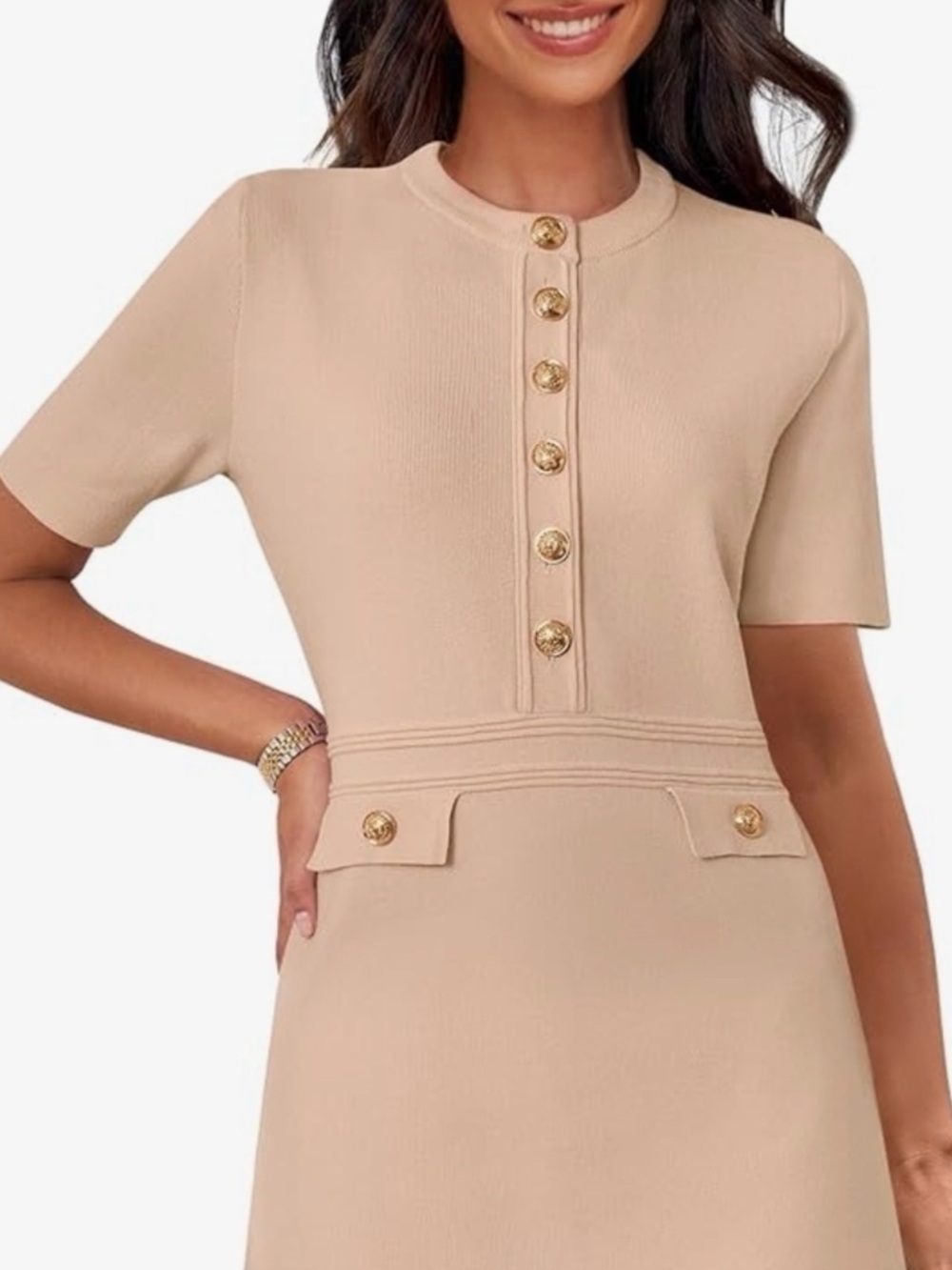 Short-Sleeve Beige Knit Dress with Gold Button Detail